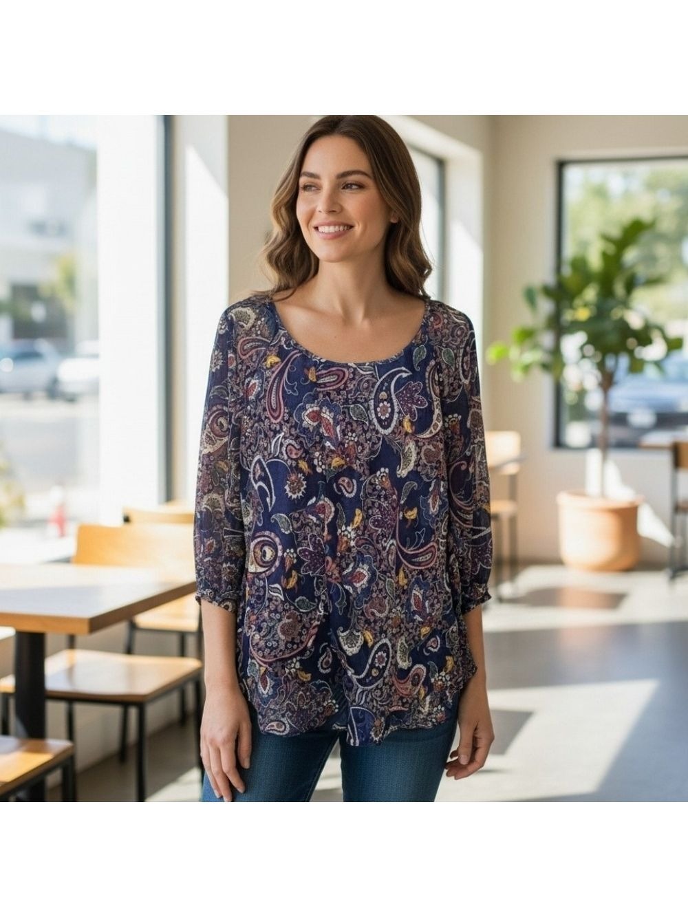 Blousology XL Blue Paisley Waterfall Blouse Sheer Sleeves